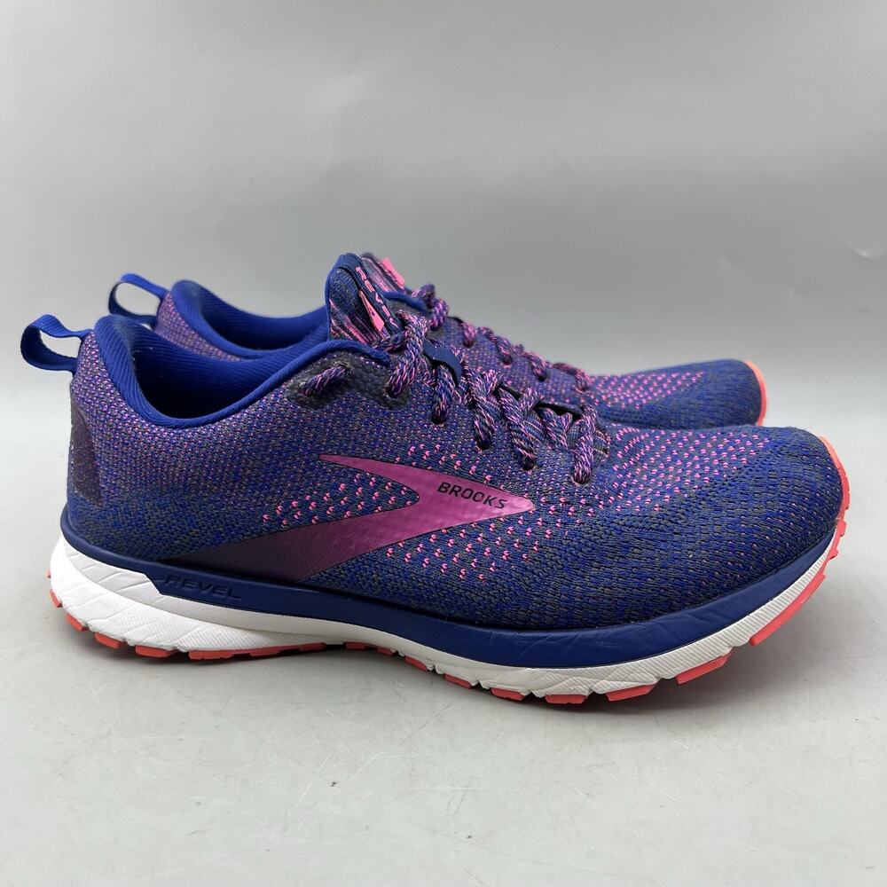Brooks Revel 4 Running Shoes Women Size 7 B Blue Pink Knit Comfort Low Sneakers